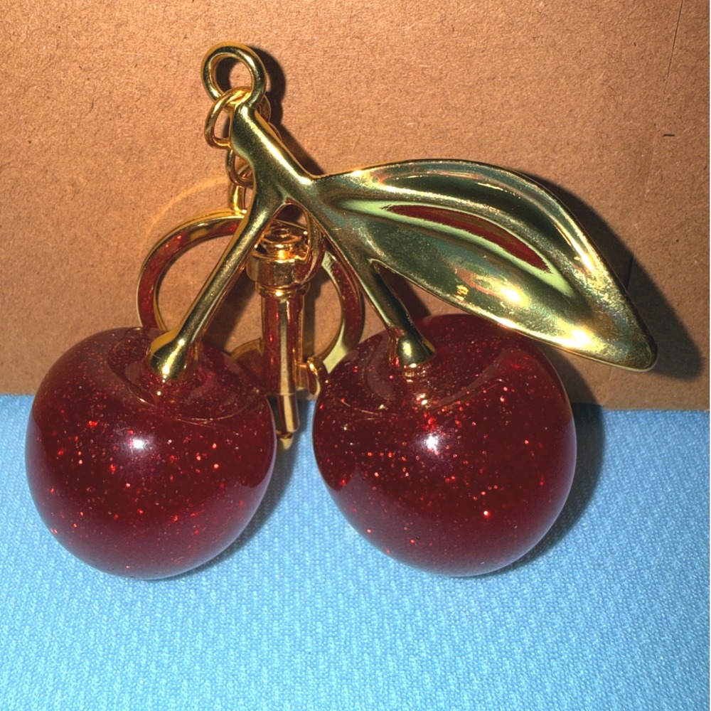 Cherry Bag Charm Red Glitter Gold Tone Whimsical Retro